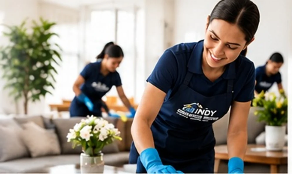 Cleaning team tidying a bright living room