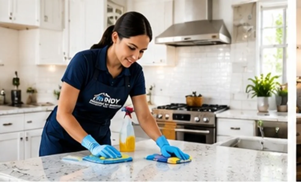 Cleaner wiping a kitchen counter