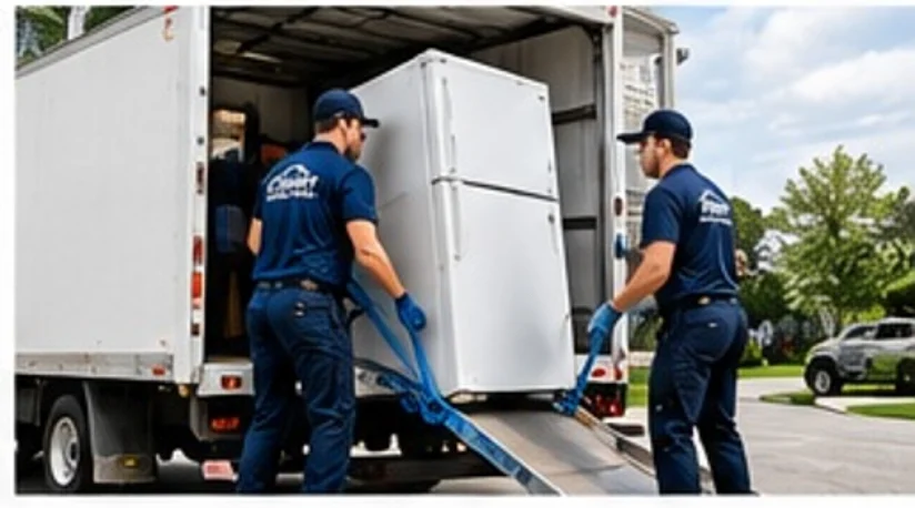 Movers loading a refrigerator onto a truck