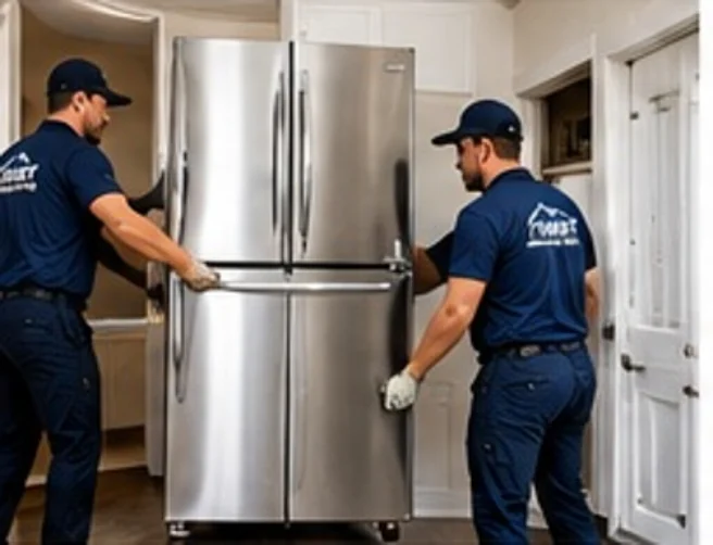 Movers moving a refrigerator